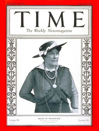 TIME MAGAZINE COVER NELLIE MELBA 1927